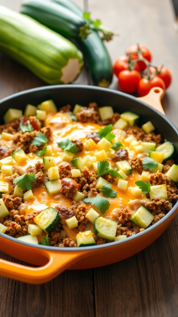 One-Pan Taco Zucchini Skillet Recipe One-pan taco zucchini skillet with ground meat, zucchini, and cheese, garnished with cilantro on a wooden table.
